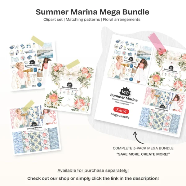 Summer Marina Clipart Set – Luxury Yacht PNG Illustrations, Coastal Fashion Graphics, Champagne, Docks, Nautical Lifestyle, Digital Download