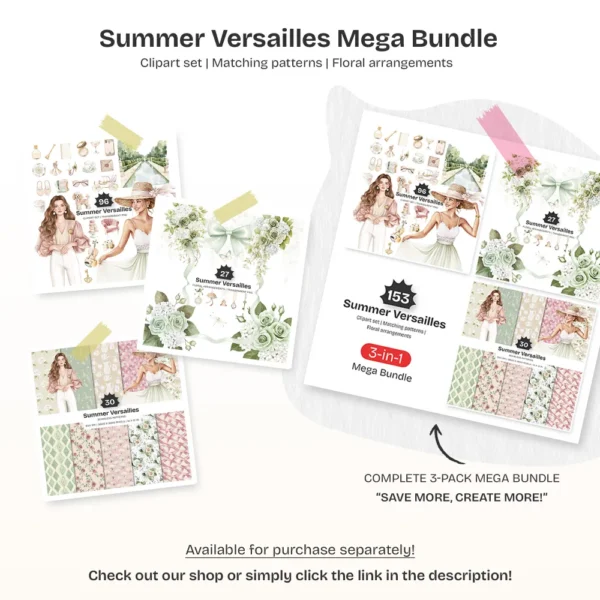 Summer Versailles Clipart Set – French Garden PNG Illustrations, Palace Fountain Hedges Graphics, Elegant Floral, Digital Download