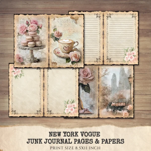 New York Vogue Junk Journal Pages & Papers – Chic New York Travel, Fashion, Modern Travel Printable, Scrapbook, Floral, Digital Download