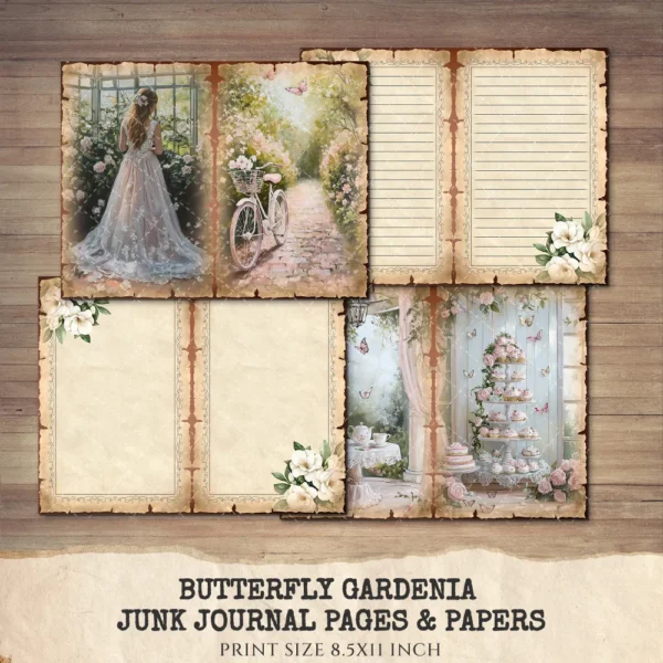 Butterfly Gardenia Junk Journal Pages & Papers – Gardenia Flower, Butterfly Garden Printable, Wedding Scrapbook, Floral, Digital Download