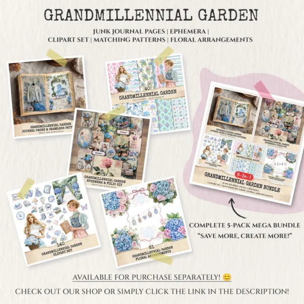 Grandmillennial Garden Mega Bundle – Blue Hydrangeas Garden, Ephemera, Journal, Botanical PNG Clipart, Seamless Pattern, Digital Download