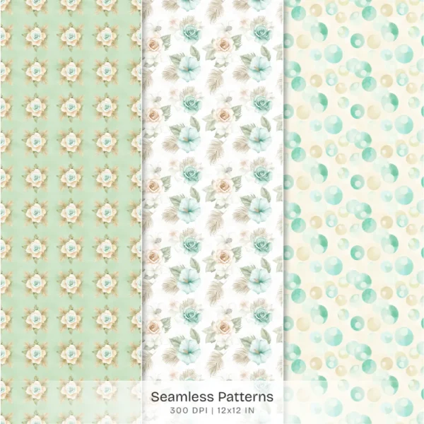 Coastal Glow Seamless Patterns, Summer Floral JPEG, Beach Lanterns Pattern, Seashell Clusters Repeating Pattern, Digital Scrapbook Paper