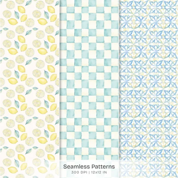 Mediterranean Lemon Seamless Patterns, Lemon Blossom JPEG, Mediterranean Tile Pattern, Summertime Repeating Pattern, Digital Scrapbook Paper