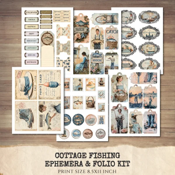 Cottage Fishing Ephemera & Folio Kit – Rustic Fishing, Angler Printables, Vintage, Boots Rods Ponds, Fishing Tags, Kits, Digital Download