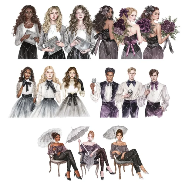 Raven Coquette Clipart Set – Dark Academia PNG Illustrations, Victorian Lace Graphics, Elegant Gothic, Moody Florals, Digital Download