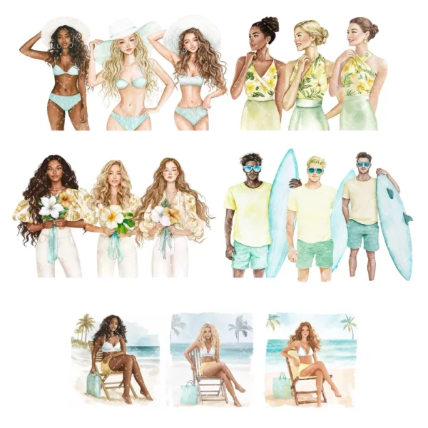 Hawaii Shores Clipart Set – Tropical Beach PNG Illustrations, Coastal Summer Graphics, Island Houses Surfboards Seashells, Digital Download