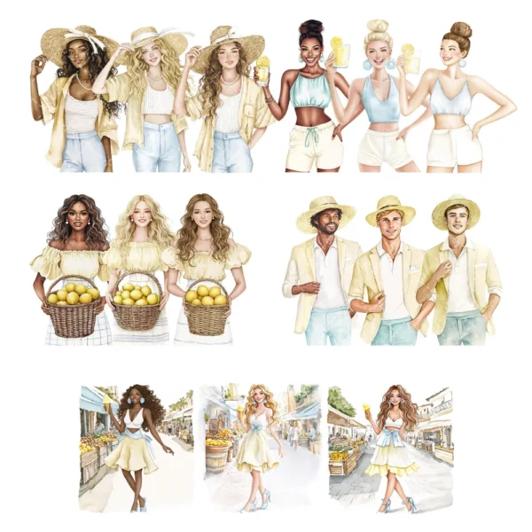 Mediterranean Lemon Clipart Set – Italian Lemon Grove PNG Illustrations, Citrus Summer Graphics, Market Basket, Sunny Days, Digital Download