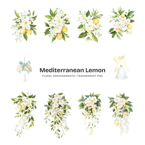 Mediterranean Lemon Floral Arrangements, Italian Lemon PNG, Lemon Blossom Bouquet, Jasmine Art, Summer Decor, Ornaments, Digital Download