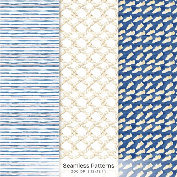 Summer Marina Seamless Patterns, Floral Peony JPEG, Yacht Pattern, Ship Wheel, Anchor, Nautical Repeating Pattern, Digital Scrapbook Paper