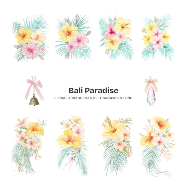Bali Paradise Floral Arrangements, Tropical Floral PNG, Hibiscus Bouquet, Hibiscus Floral Art, Tropical Decor, Ornaments, Digital Download