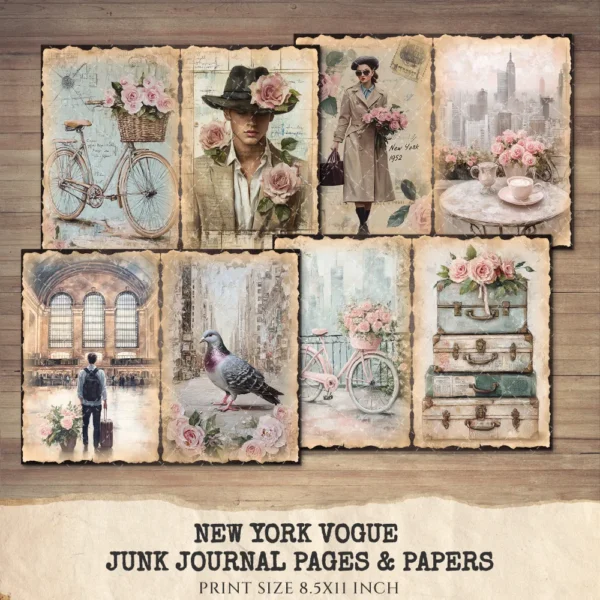 New York Vogue Junk Journal Pages & Papers – Chic New York Travel, Fashion, Modern Travel Printable, Scrapbook, Floral, Digital Download
