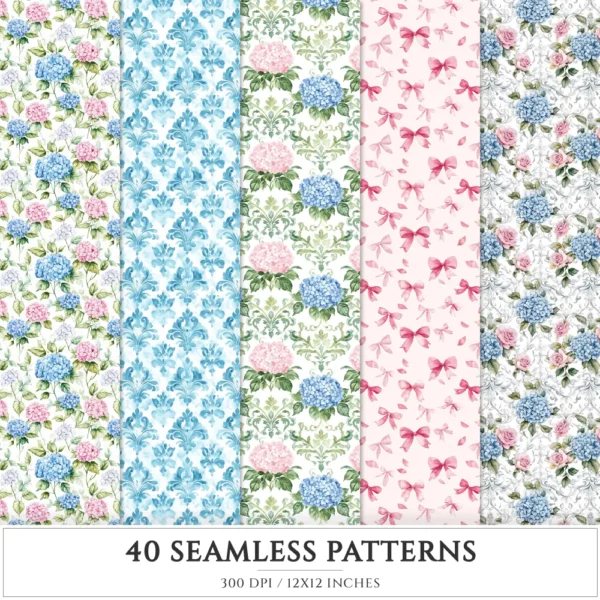 Grandmillennial Garden Seamless Patterns, Blue Floral JPEG, Hydrangeas Pattern, Botanical Repeating Pattern, Digital Scrapbook Paper
