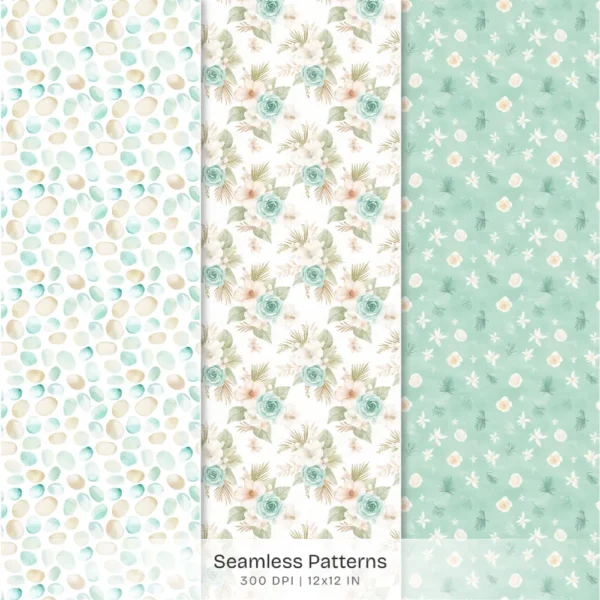 Coastal Glow Seamless Patterns, Summer Floral JPEG, Beach Lanterns Pattern, Seashell Clusters Repeating Pattern, Digital Scrapbook Paper