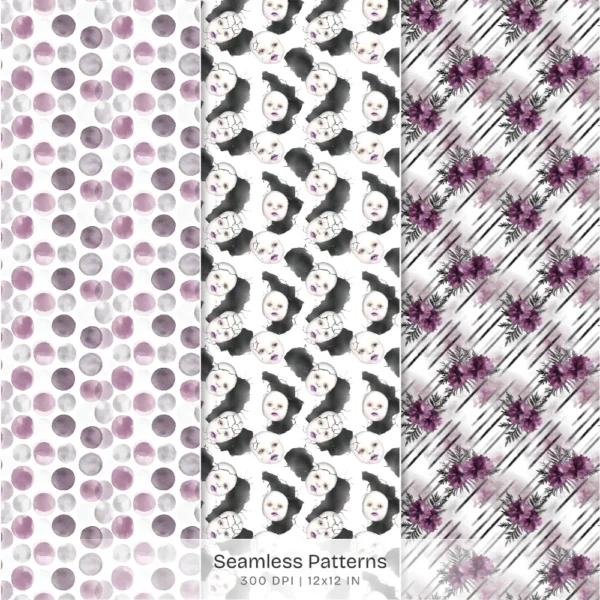 Raven Coquette Seamless Patterns, Moody Florals JPEG, Vintage Gothic Pattern, Victorian lace Repeating Pattern, Digital Scrapbook Paper