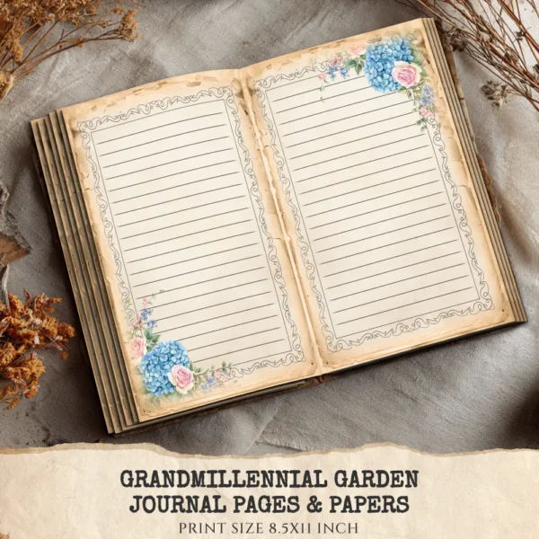 Grandmillennial Garden Junk Journal Pages & Papers – Hydrangeas Flower, Floral Garden Printable, Botanical Scrapbook, Digital Download