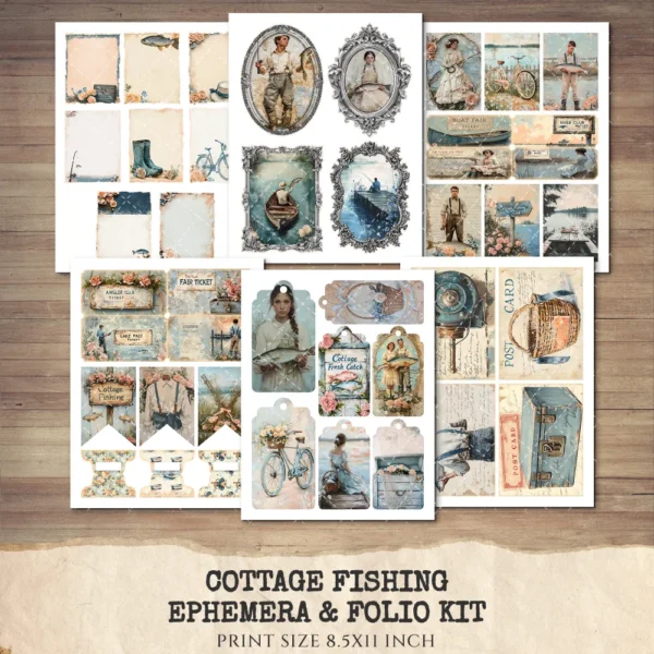 Cottage Fishing Ephemera & Folio Kit – Rustic Fishing, Angler Printables, Vintage, Boots Rods Ponds, Fishing Tags, Kits, Digital Download