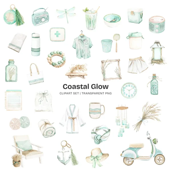 Coastal Glow Clipart Set – Seaside Summer PNG Illustrations, Seashells Clusters, Tropical Beach Graphics, Sandy Paths, Digital Download