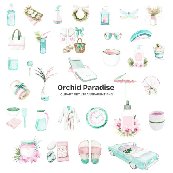Orchid Paradise Clipart Set – Tropical Vacation PNG Illustrations, Summer Resort Graphics, Poolside Drinks, Spa, Digital Download