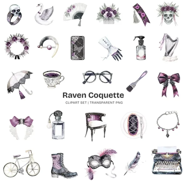 Raven Coquette Clipart Set – Dark Academia PNG Illustrations, Victorian Lace Graphics, Elegant Gothic, Moody Florals, Digital Download