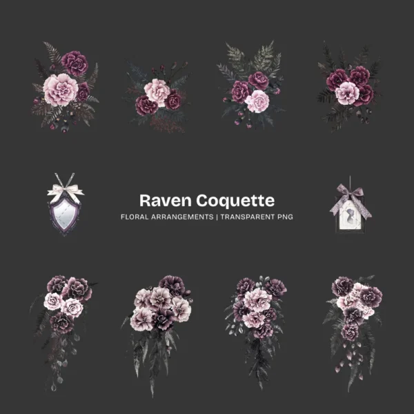 Raven Coquette Floral Arrangements, Gothic Floral PNG, Carnation Bouquet, Carnation Art, Moody Floral Decor, Ornaments, Digital Download