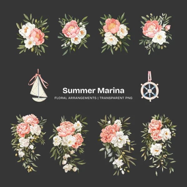 Summer Marina Floral Arrangements, Peony Floral PNG, Peony Bouquet, White Gardenias Art, Nautical Decor, Ornaments, Digital Download