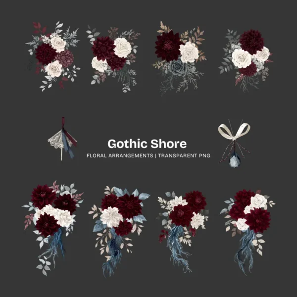 Gothic Shore Floral Arrangements, Dark Floral PNG, Dahlia Bouquet, Rose Floral Art, Gothic Decor, Ornaments, Digital Download
