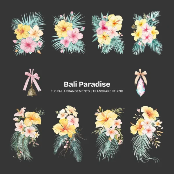Bali Paradise Floral Arrangements, Tropical Floral PNG, Hibiscus Bouquet, Hibiscus Floral Art, Tropical Decor, Ornaments, Digital Download