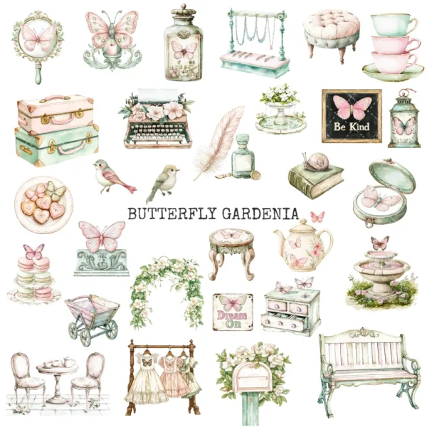 Butterfly Gardenia Clipart Set – Gardenia Flower PNG Illustrations, Whimsical, Dreamy Floral, Butterfly Garden Graphics, Digital Download