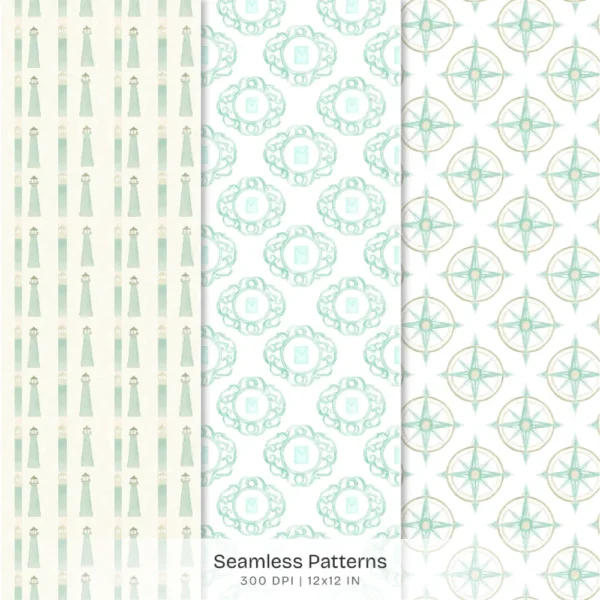 Coastal Glow Seamless Patterns, Summer Floral JPEG, Beach Lanterns Pattern, Seashell Clusters Repeating Pattern, Digital Scrapbook Paper