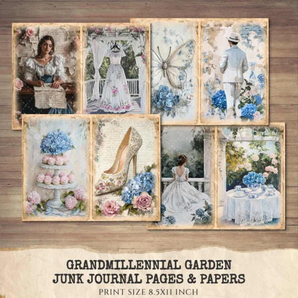 Grandmillennial Garden Junk Journal Pages & Papers – Hydrangeas Flower, Floral Garden Printable, Botanical Scrapbook, Digital Download