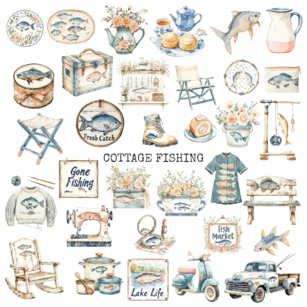 Cottage Fishing Clipart Set – Rustic Fishing PNG Illustrations, Boots, Rods, Pond, Cottagecore Lake Fishing Graphics, Digital Download
