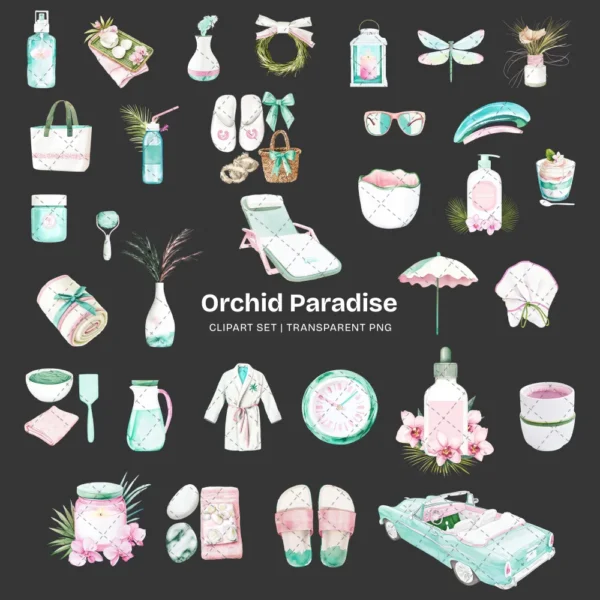 Orchid Paradise Clipart Set – Tropical Vacation PNG Illustrations, Summer Resort Graphics, Poolside Drinks, Spa, Digital Download