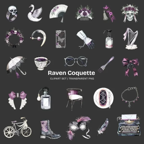 Raven Coquette Clipart Set – Dark Academia PNG Illustrations, Victorian Lace Graphics, Elegant Gothic, Moody Florals, Digital Download