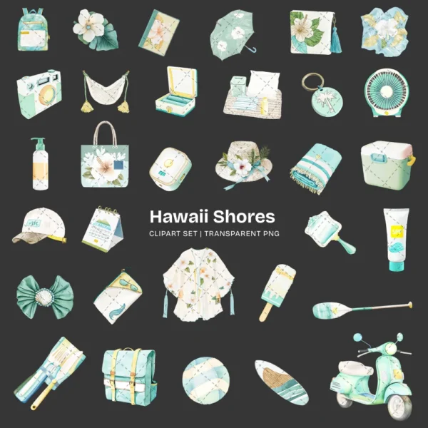 Hawaii Shores Clipart Set – Tropical Beach PNG Illustrations, Coastal Summer Graphics, Island Houses Surfboards Seashells, Digital Download