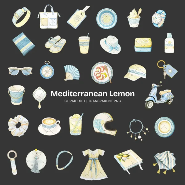 Mediterranean Lemon Clipart Set – Italian Lemon Grove PNG Illustrations, Citrus Summer Graphics, Market Basket, Sunny Days, Digital Download