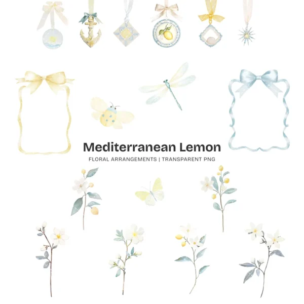 Mediterranean Lemon Floral Arrangements, Italian Lemon PNG, Lemon Blossom Bouquet, Jasmine Art, Summer Decor, Ornaments, Digital Download
