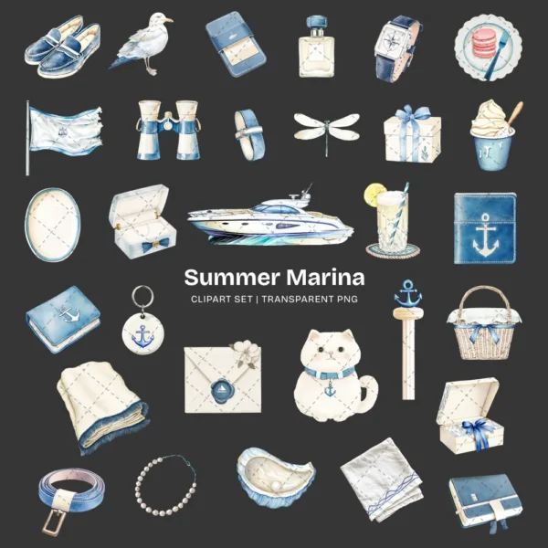 Summer Marina Clipart Set – Luxury Yacht PNG Illustrations, Coastal Fashion Graphics, Champagne, Docks, Nautical Lifestyle, Digital Download