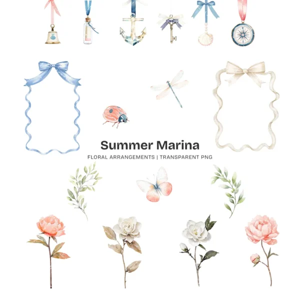 Summer Marina Floral Arrangements, Peony Floral PNG, Peony Bouquet, White Gardenias Art, Nautical Decor, Ornaments, Digital Download