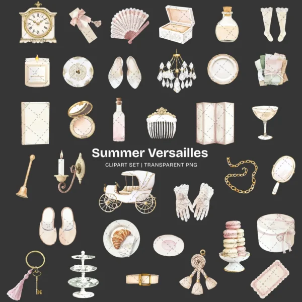 Summer Versailles Clipart Set – French Garden PNG Illustrations, Palace Fountain Hedges Graphics, Elegant Floral, Digital Download
