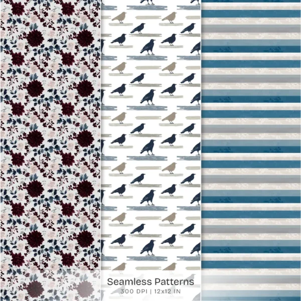 Gothic Shore Seamless Patterns, Gothic JPEG, Burgundy Dahlia Pattern, Driftwood, Starfish Repeating Pattern, Digital Scrapbook Paper
