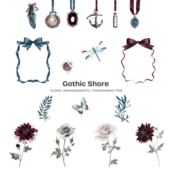 Gothic Shore Floral Arrangements, Dark Floral PNG, Dahlia Bouquet, Rose Floral Art, Gothic Decor, Ornaments, Digital Download