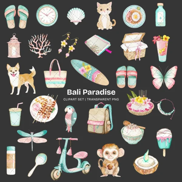 Bali Paradise Clipart Set – Tropical Beach PNG Illustrations, Summer Vacation Graphics, Coastal Clipart, Palm Trees Drinks, Digital Download