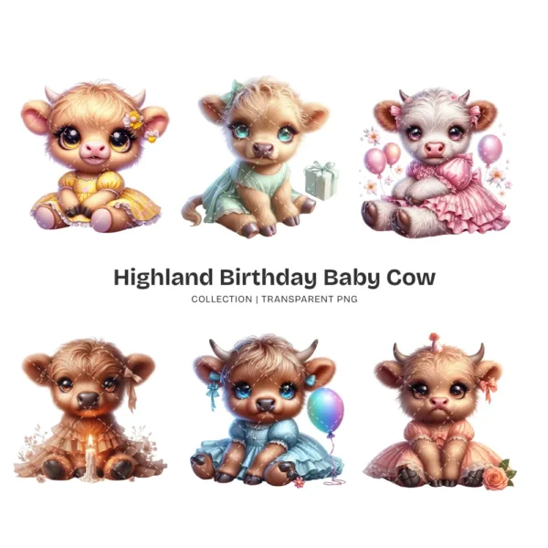Highland Baby Cow Birthday PNG Clipart Collection - 50 PNG, Cute Farm Graphics, Party Decoration Printables, Commercial use,Digital download