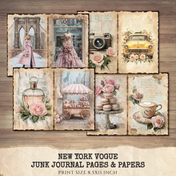 New York Vogue Junk Journal Pages & Papers – Chic New York Travel, Fashion, Modern Travel Printable, Scrapbook, Floral, Digital Download