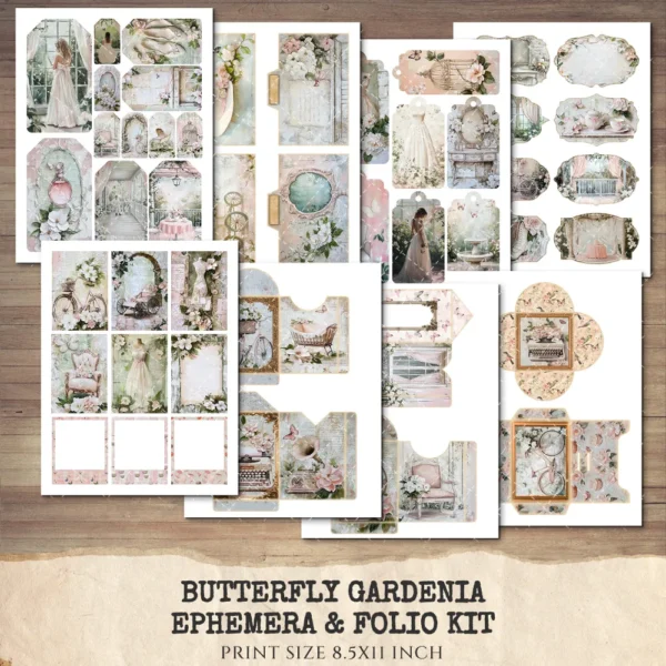 Butterfly Gardenia Ephemera & Folio Kit – Butterfly Garden, Whimsical Gardenia Printables, Pink Floral Tags, Kits, Digital Download