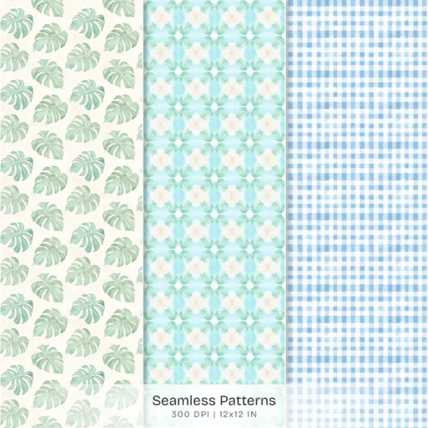 Hawaii Shores Seamless Patterns, Hibiscus Florals JPEG, Tropical Beach Pattern, Seashells Repeating Pattern, Digital Scrapbook Paper