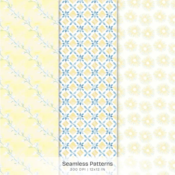 Mediterranean Lemon Seamless Patterns, Lemon Blossom JPEG, Mediterranean Tile Pattern, Summertime Repeating Pattern, Digital Scrapbook Paper