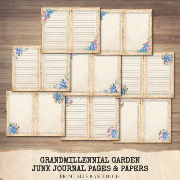 Grandmillennial Garden Junk Journal Pages & Papers – Hydrangeas Flower, Floral Garden Printable, Botanical Scrapbook, Digital Download