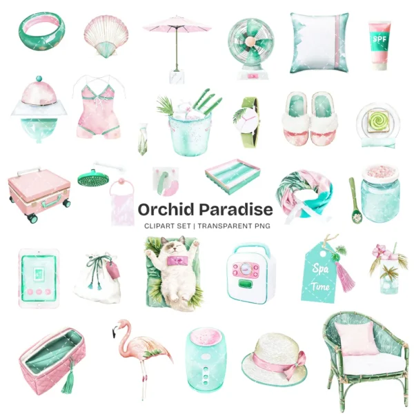 Orchid Paradise Clipart Set – Tropical Vacation PNG Illustrations, Summer Resort Graphics, Poolside Drinks, Spa, Digital Download