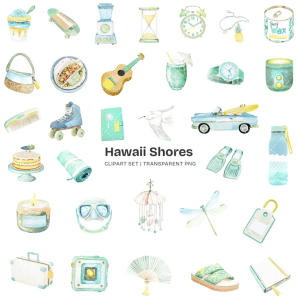 Hawaii Shores Clipart Set – Tropical Beach PNG Illustrations, Coastal Summer Graphics, Island Houses Surfboards Seashells, Digital Download